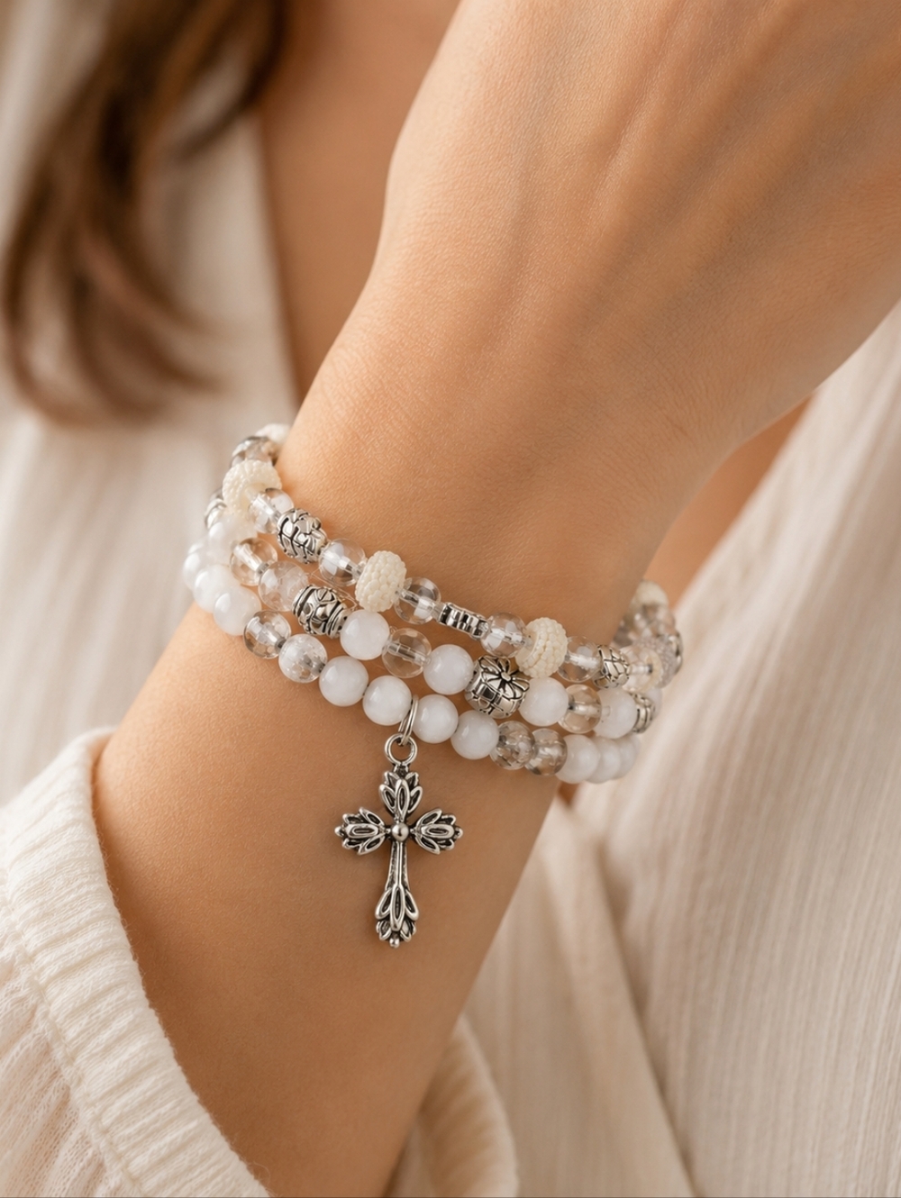 White Beaded Cross Charm Stack Bracelet Set